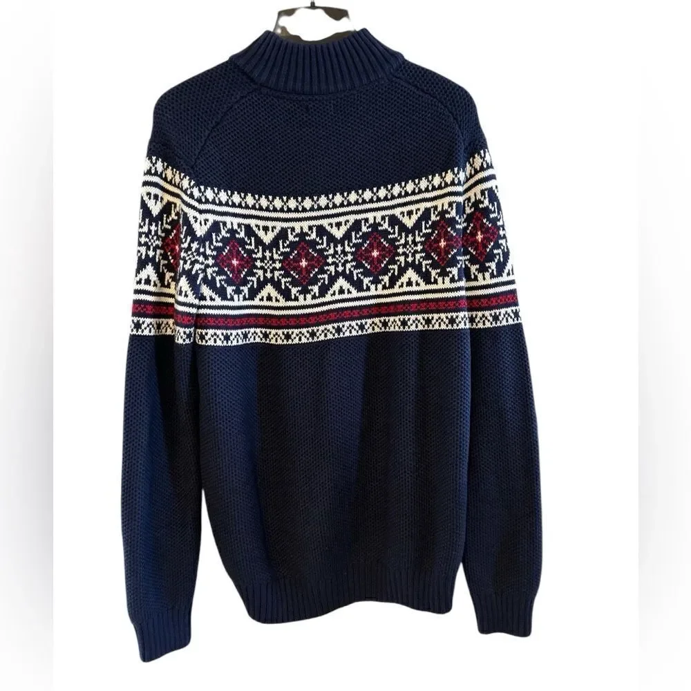 IZOD Navy Blue Fair Isle 1/4 Zip Classic Pullover Sweater XL